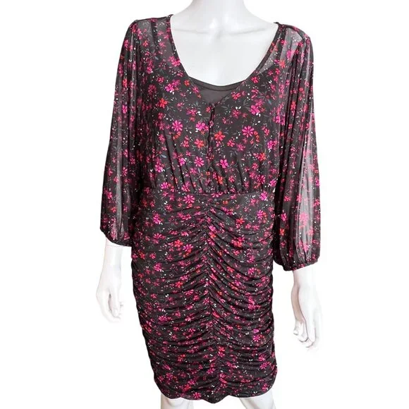 Torrid Sheer Black Floral Ruched Dress w/ Scoop Neck & Long Sleeves Size 0/L